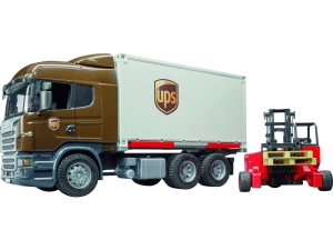 Scania UPS tehergépkocsi konténerrel és villástargoncával